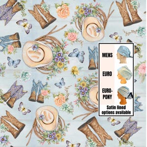 May include: A light blue background with a repeating pattern of cowboy hats, boots, butterflies, and floral arrangements. The image also includes a graphic showing different styles of satin-lined head coverings, with the text "MENS", "EURO", and "EURO-PONY".