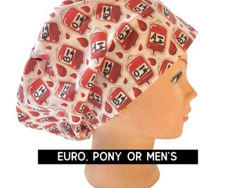 Blood bags scrub hat | satin lined option | euro style with adjustable toggle, euro-pony with ties, men’s style | phlebotomy hat