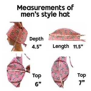 The image provides measurements of a men's style hat in various sizes, including 4.5" and 11.5" lengths.