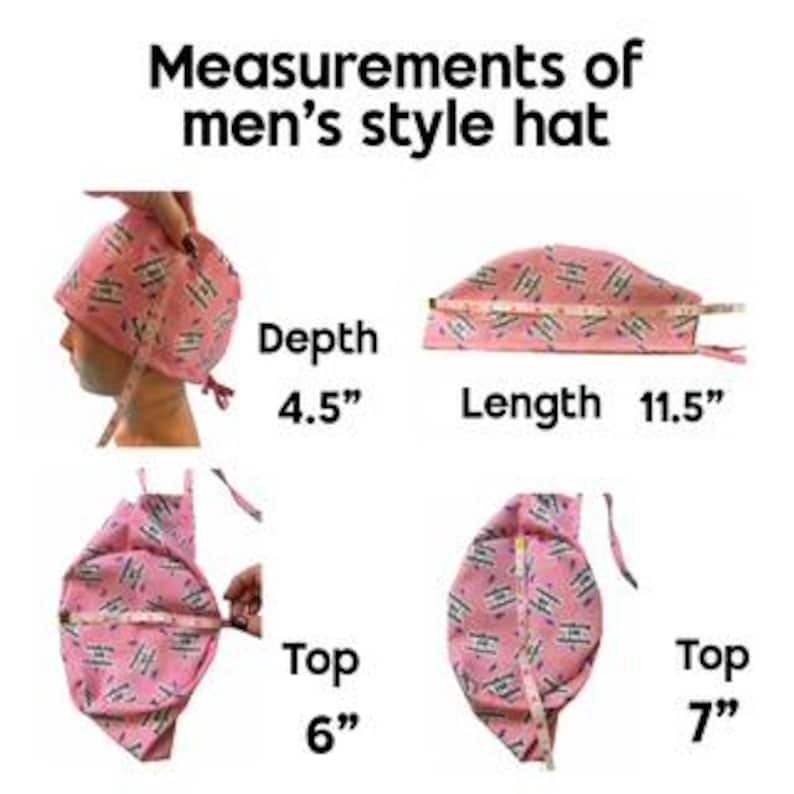 The image provides measurements of a men's style hat in various sizes, including 4.5" and 11.5" lengths.