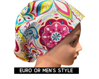 Bright Floral Print Scrub hat | satin lined option | Bright Print scrub cap | women’s euro style with adjustable toggle or men’s style