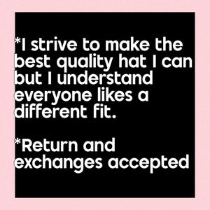 a quote with a black background and white text. The quote is about making the best quality hat and understanding that everyone likes a different fit. It also mentions that the return and changes accepted.