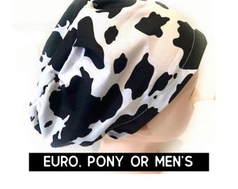 cow print scrub hat | cow scrub cap |  euro style with adjustable toggle, euro with pony ties, men’s | animal print surgical hat | satin l