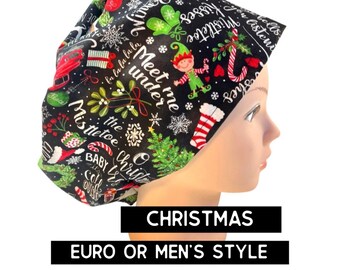 Christmas Scrub cap | holiday scrub hat | satin lined option | winter scrub hat | euro style with adjustable toggle or men’s style