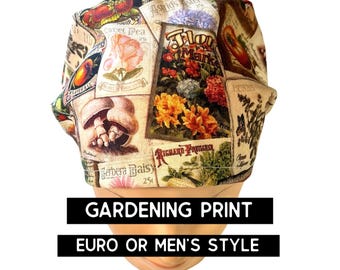 Gardening print Scrub cap | satin lined option available | women’s euro scrub hat with adjustable toggle or men’s style