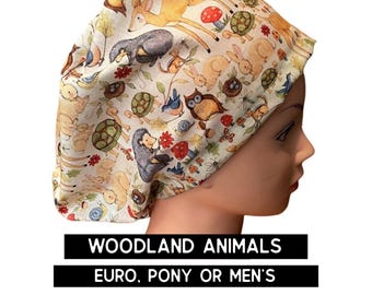 Woodland animals scrub hat | euro style with adjustable toggle, euro-pony with ties or men’s style | satin lined option