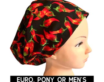 Chili prppers scrub cap | satin lined option | cute scrub hat | euro style with adjustable toggle, euro with pony ties, men’s style | food