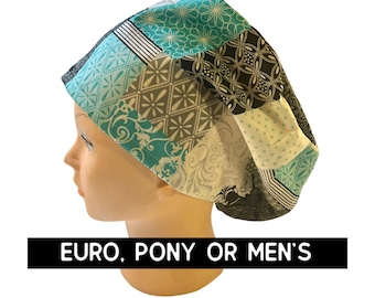Blue Patchwork Print Scrub Hat: Satin lined options