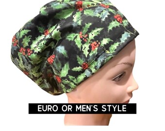 Christmas -holly berries Scrub cap | holiday scrub hat | women’s euro style scrub hat with adjustable toggle | satin lined option