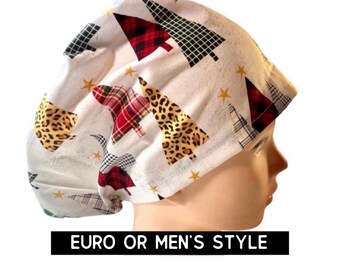 Patterned christmas trees scrub hat | satin lined option | Christmas scrub cap | euro with adjustable toggle or men’s style