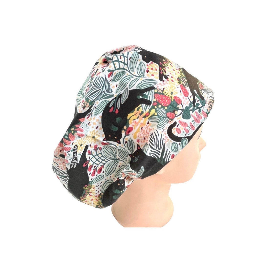 Cat Scrub Cap Satin Lined Option Black Cat Print Scrub Hat Cute Cat