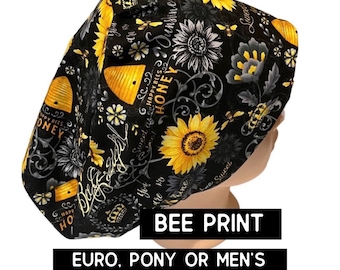 Bee print scrub cap | bee hive scrub hat | euro with adjustable toggle, euro-pony with ties or men’s style | satin lined option