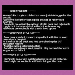 text descriptions of three different style hats, including a Euro style hat, a Euro-pony style hat, and a men's style hat. The hats are described in terms of their design, materials, and features.
