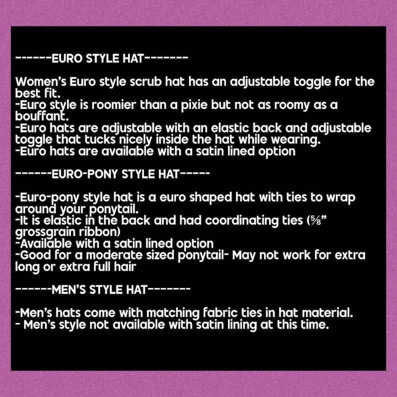 text descriptions of three different style hats, including a Euro style hat, a Euro-pony style hat, and a men's style hat. The hats are described in terms of their design, materials, and features.