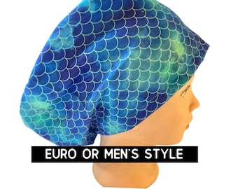 Blue mermaid scrub hat | mermaid scales scrub cap | eurowith adjustable toggle, euro-pony with ties or men’s style | satin lined option