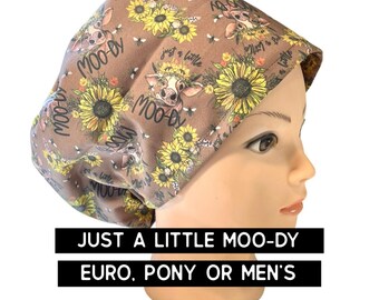 A little mooo-dy | cow scrub cap | satin lined option | funny scrub hat | euro style with adjustable toggle, euro- pony with ties, or men’s