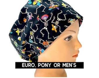 Mexican dancing skeletons scrub cap | satin lined option | funny scrub hat | euro style with adjustable toggle, euro- pony with ties, men’s