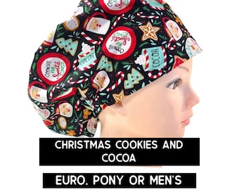 Cookies and cocoa for santa scrub hat | Christmas holiday scrub cap | euro style with adjustable toggle, euro-pony with ties, or mens