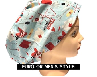 Coffee and scrubs print scrub hat | proud nurse scrub cap | euro style with adjustable toggle, euro-pony with ties, men’s | satin lined