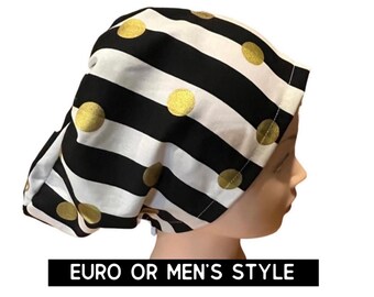 Black and white stripe with gold polka dot scrub hat | scrub cap | euro style with adjustable toggle or men’s style | satin lined option