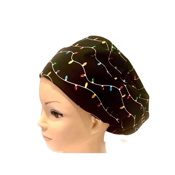 Christmas  lights  Scrub hat  / holiday scrub cap / winter nurse cap/ women’s euro style surgical hat with adjustable toggle