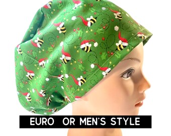Christmas bumble bee scrub hat | satin lined hat option | holiday scrub cap | Christmas hat | euro with adjustable toggle or men’s style