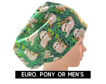 Sloth Scrub hat  | animal scrub cap |  euro style with adjustable toggle or men’s style | satin lined option | cute sloth