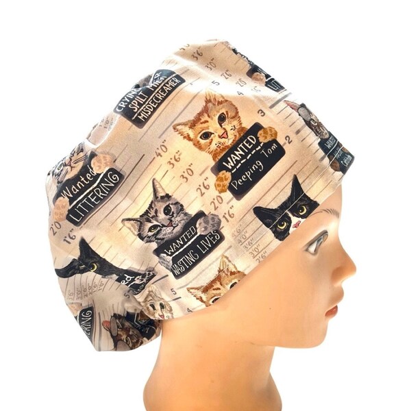 Cat mug shot scrub cap | satin lined option | cat outline scrub hat | women’s euro style surgical hat with adjustable toggle, ponytail, men