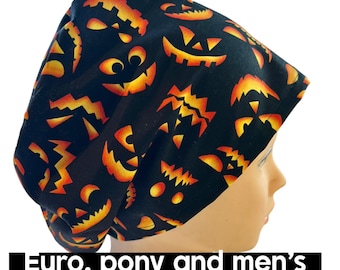 Halloween Scrub cap | satin lined option | black Jack o’ lantern scrub hat |euro with adjustable toggle, euro-pony with ties, men | pumpkin