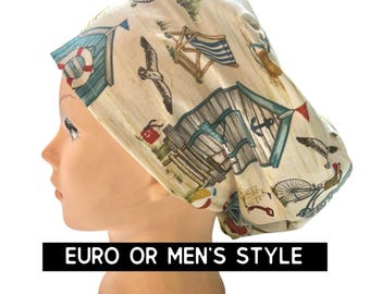 Beachy Scrub cap | satin lined option | summer print scrub hat | euro style with adjustable toggle or men’s style | beachy