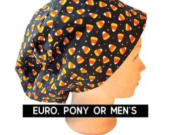 Candy corn Scrub cap | satin lined option | euro style with adjustable toggle, euro-pony with ties or men’s style | Halloween scrub hat
