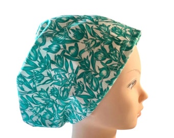 Scrub hat | green flower print scrub hat | floral print scrub cap | euro style scrub hat with adjustable toggle | satin lined option