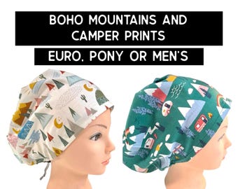 Mountains and camping scrub cap | satin lined option | boho mountain scrub hat | camper | euro with adjustable toggle, euro-pony or men’s