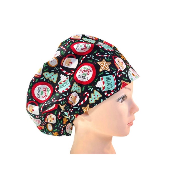 Cookies and cocoa for santa scrub hat  / holiday scrub cap / Christmas nurse cap/ women’s euro style surgical hat with adjustable toggle