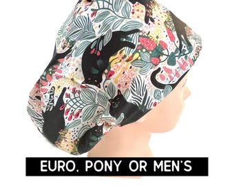 Cat scrub cap | satin lined option | black cat print scrub hat | euro style with adjustable toggle, euro-pony with ties, men’s style