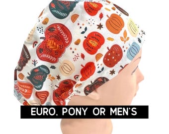 Halloween / Autumn- Patterned Pumpkins Scrub Cap: Satin lined options.