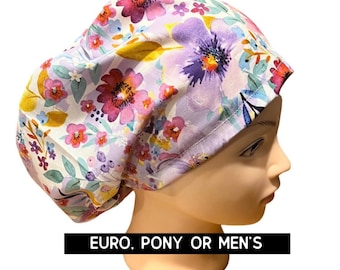 Floral Scrub cap | satin lined option | pastel scrub hat | euro style with adjustable toggle, euro-pony with ties or men’s | pink flowers