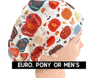 Multicolor Pumpkin Scrub cap | satin lined | autumn print scrub hat | euro with adjustable toggle, euro-pony with ties, men’s | Halloween