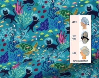 Cats underwater  Scrub Cap: Animal scrub hat. Satin lined option. Euro with toggle, pony with ties or men’s styles