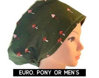 Mushroom Scrub hat | satin lined option | mushroom print scrub cap | euro style with adjustable toggle, euro with pony ties, men’s style