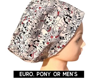 Dogs scrub cap | black and white dog print scrub cap | euro with adjustable toggle, euro-pony with ties or men’s style | satin lined option