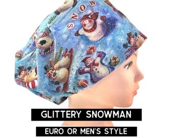 Christmas glittery snowman scrub cap | scrub hat | satin lined option | women’s euro style with adjustable toggle or men’s style