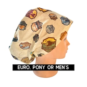 National Parks Scrub Cap crub hat. Satin lined option. Euro with toggle, pony with ties or men’s styles