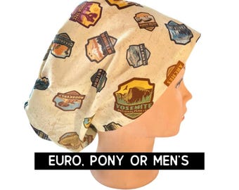 National Parks Scrub Cap crub hat. Satin lined option. Euro with toggle, pony with ties or men’s styles