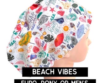 Beach Print Scrub cap | satin lined option | summer print scrub hat | surgical cap | women’s euro style scrub cap with adjustable toggle