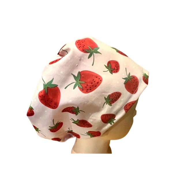 Scrub hat- strawberry print | scrub cap | women’s euro style surgical hat with adjustable toggle | satin lined option | fruit print | food