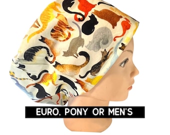 Colorful cat scrub cap | satin lined option | cat outline scrub hat | euro style with adjustable toggle, euro-pony with ties, men’s style