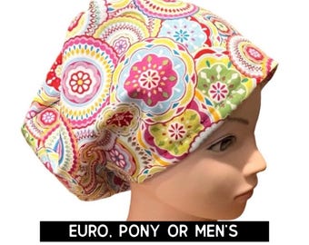 Bright geometric scrub cap | satin lined option  | euro style scrub hat with adjustable toggle, euro-pony with ties or men’s style