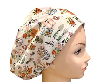 Gardening print Scrub cap | satin lined option | scrub hat | women’s euro scrub hat with adjustable toggle | plants and trees surgical hat