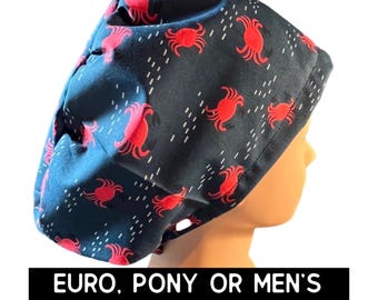 Crab scrub hat| New England style crab scrub cap | euro style with adjustable toggle or men’s  style | satin lined option